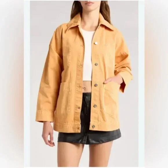 Free People Avery Denim Jacket in Orange We the Free Sz M Oversized Relaxed Fit - Picture 3 of 9